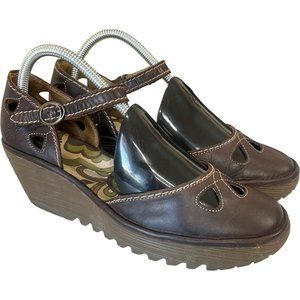 Fly London Yuna Wedge Brown Leather Womens EU 40 US 9-9.5 Platform Sandals